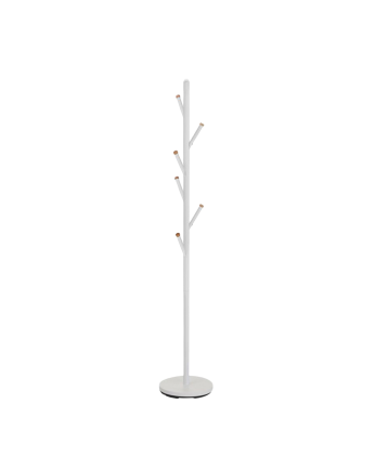 Perchero de pie estructura de metal blanca con detalles de madera natural