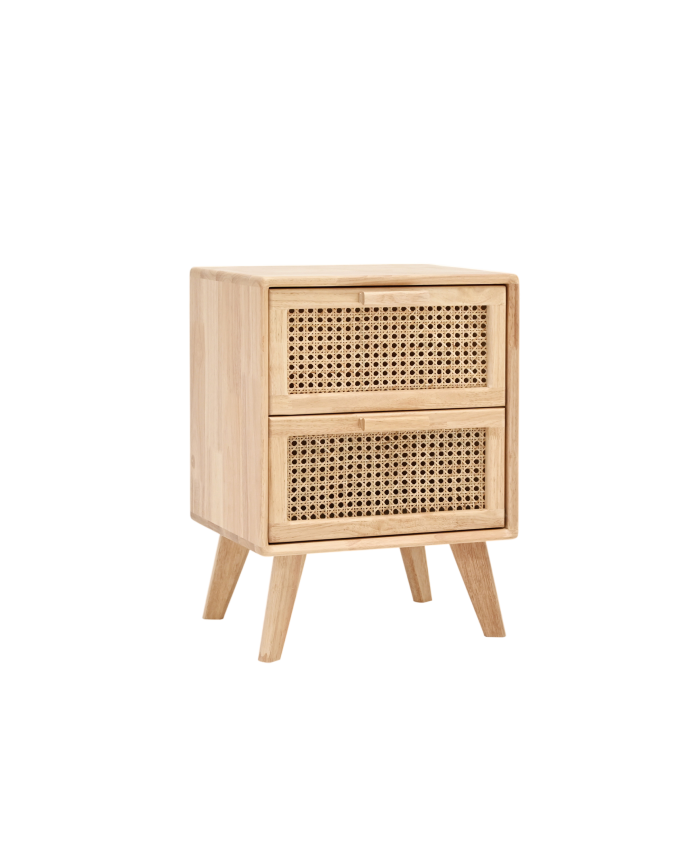 Mesita de madera de caucho con dos cajones y frontal de rejilla cannage de 54x40cm