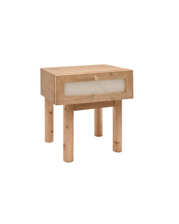 Mesita de noche de madera maciza y lino con un cajón en tono roble oscuro de 40x45cm