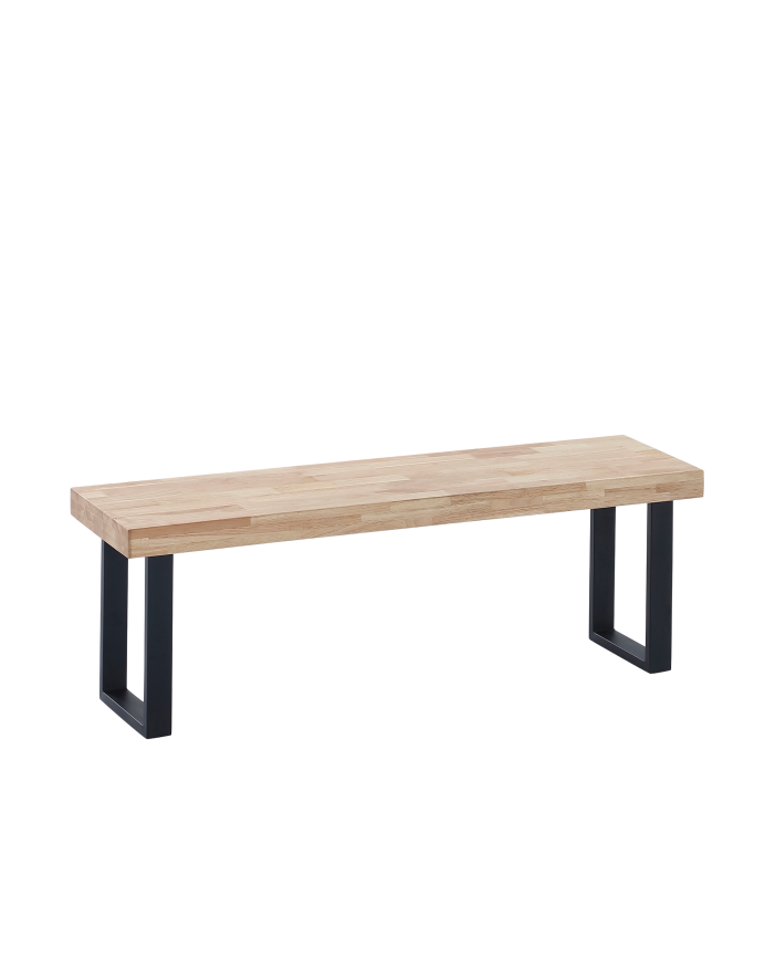 Banco de madera maciza tono natural con patas de hierro negras de 47x120cm