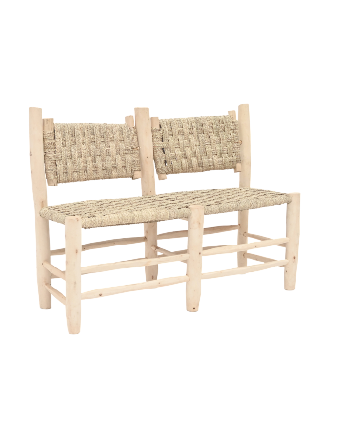 Banco trenzado de palmito y estructura de madera maciza de 110x85cm
