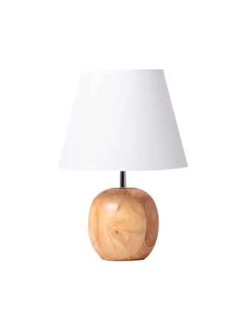 Lámpara de mesa elaborada con base de madera y pantalla textil color blanco