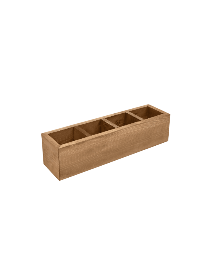 Organizador con cuatro departamentos de madera maciza tono roble oscuro de 10x40cm
