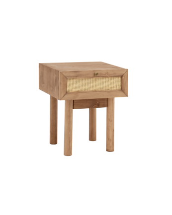 Mesita de noche de madera maciza y rafia con un cajón en tono roble oscuro de 40x45cm