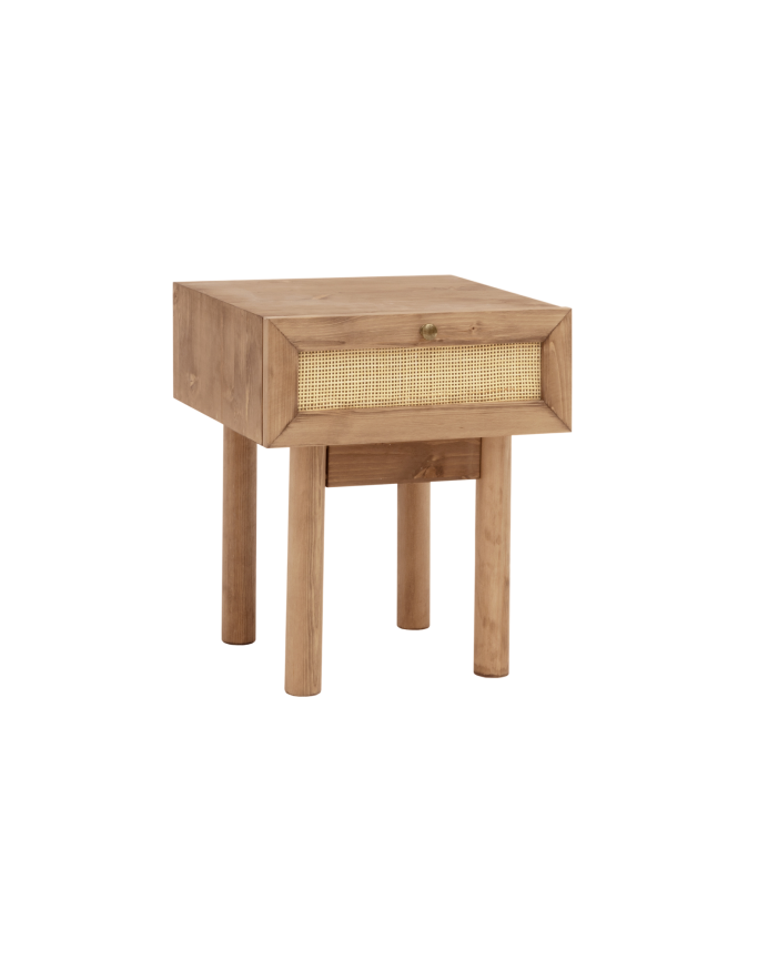 Mesita de noche de madera maciza y rafia con un cajón en tono roble oscuro de 40x45cm