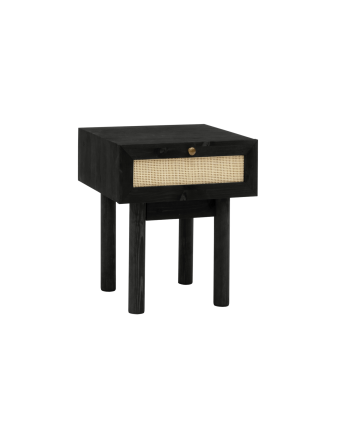 Mesita de noche de madera maciza y rafia con un cajón en tono negro de 40x45cm