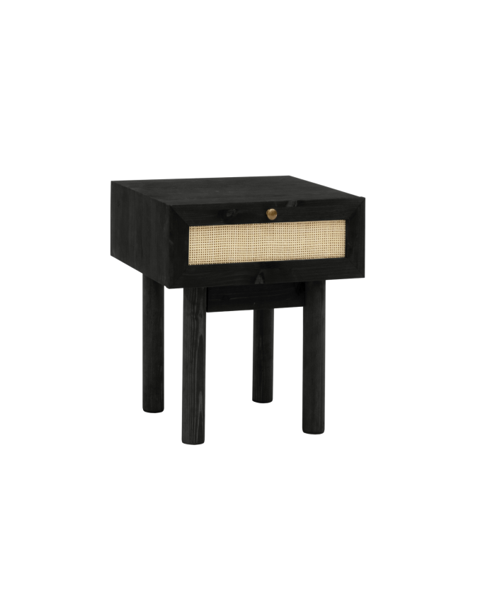 Mesita de noche de madera maciza y rafia con un cajón en tono negro de 40x45cm