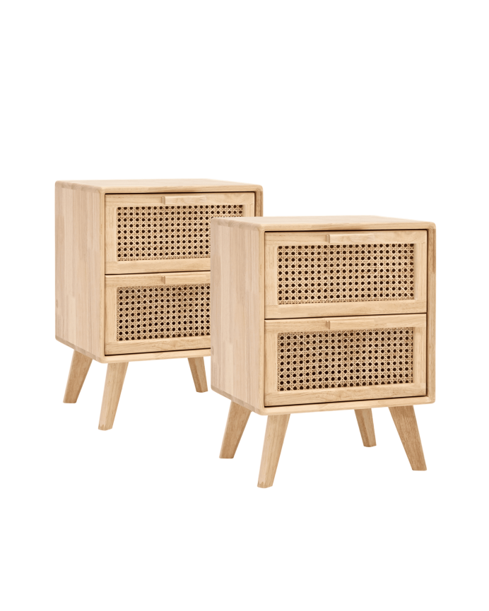 Pack de 2 mesitas de madera de caucho con dos cajones y frontal elaborado con rejilla de cannage de 54x40cm