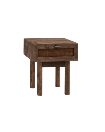 Mesita de noche de madera maciza y cannage con un cajón en tono nogal de 40x45cm
