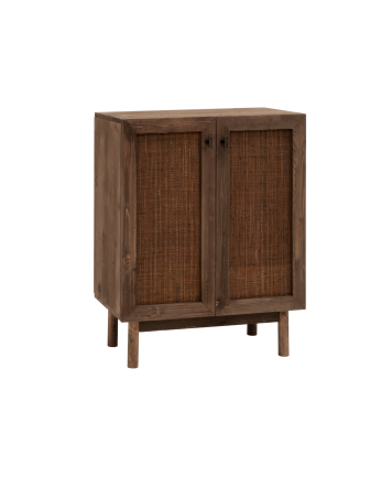 Aparador de madera maciza y tejido de rafia de 2 puertas en tono nogal de 100x80cm