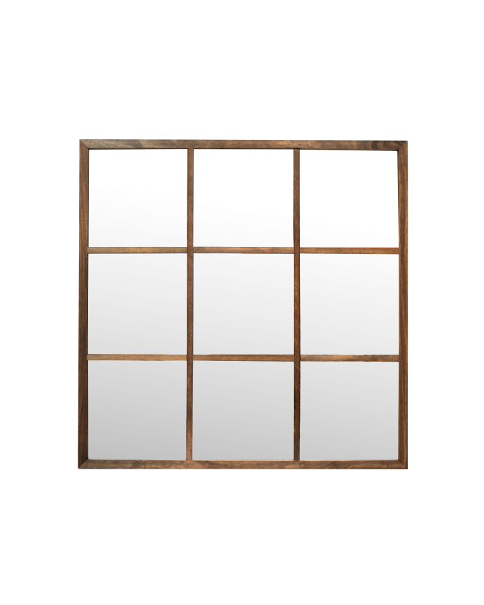 Espejo cuadrado de pared tipo ventana elaborado con madera de DM en acabado roble oscuro de 90x90cm