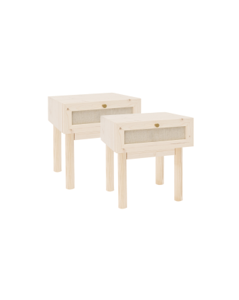 Pack 2 mesitas con cajón de madera maciza y lino tono natural de 45x40cm