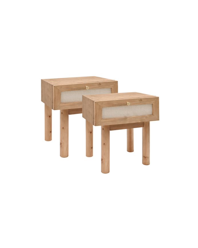 Pack 2 mesitas con cajón de madera maciza y lino tono roble oscuro de 45x40cm