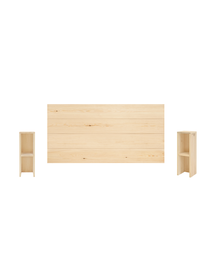 Pack cabecero y mesitas de madera maciza en tono natural de varias medidas