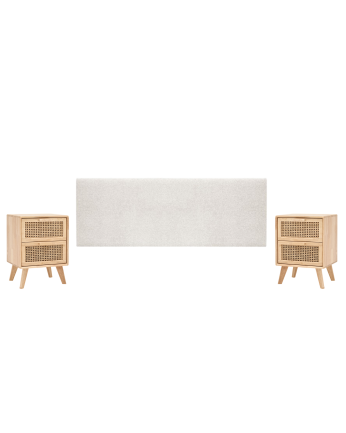 Pack de cabecero tapizado tono beige y 2 mesitas de noche de madera maciza tono natural varias medidas