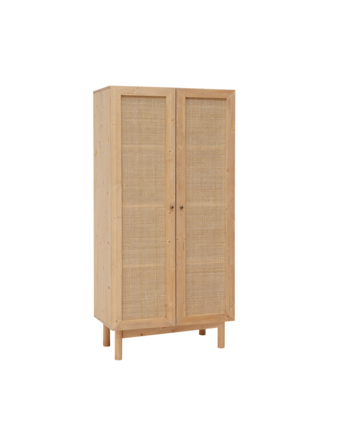 Armario de madera maciza y rafia en tono roble medio 180x80cm