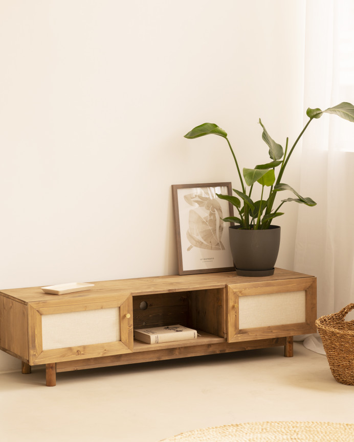 Mueble de TV de madera maciza y tejido de lino de 2 puertas en tono roble oscuro de 150x40cm