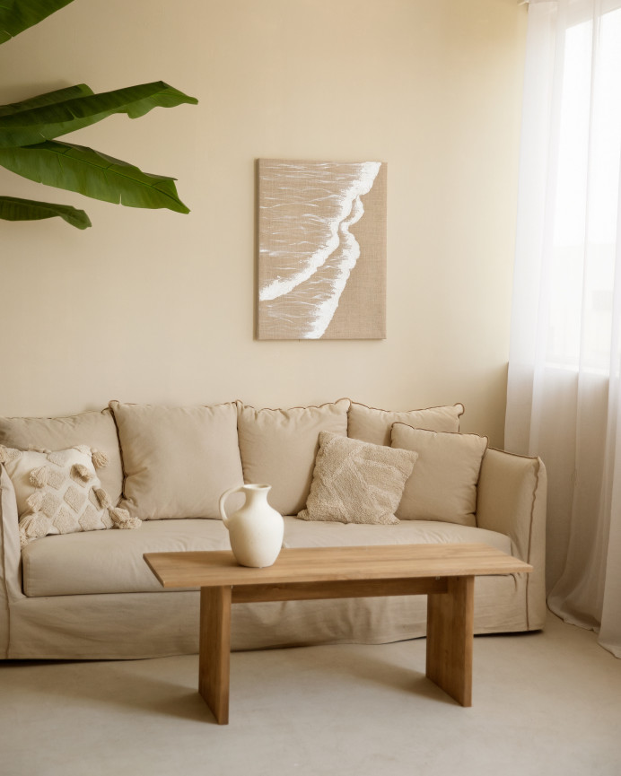 Cuadro beige y blanco decorativo sobre lino con bastidor de madera pintado artesanalmente con pintura al óleo en varias medidas