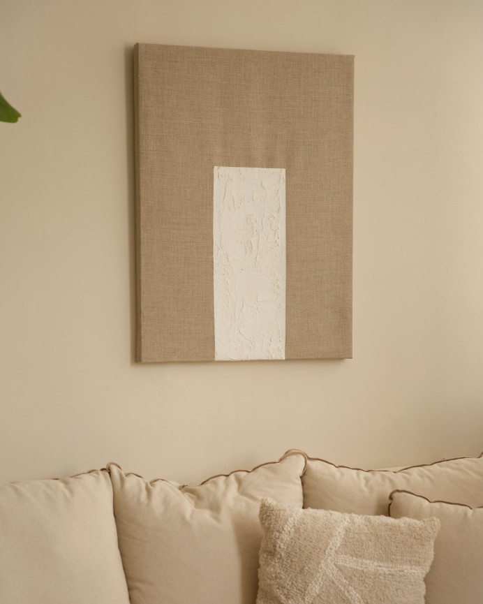 Cuadro beige y blanco decorativo sobre lino con bastidor de madera pintado artesanalmente con pintura al óleo en varias medidas