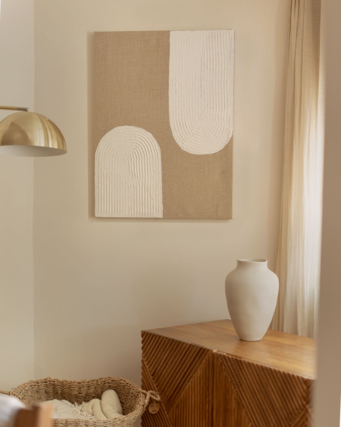 Cuadro beige y blanco decorativo sobre lino con bastidor de madera pintado artesanalmente con pintura al óleo en varias medidas