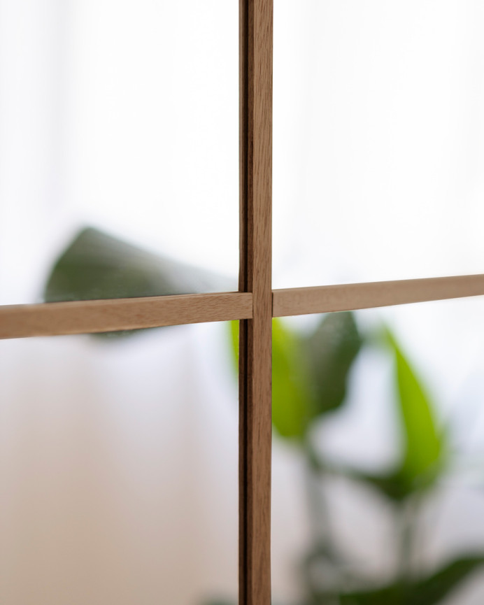 Espejo cuadrado de pared tipo ventana elaborado con madera de DM en acabado roble oscuro de 90x90cm