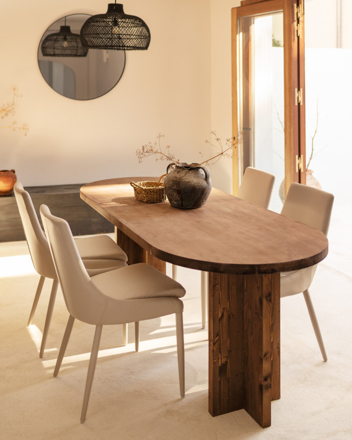 Pack mesa de comedor ovalada y banco de madera maciza en tono nogal de varias medidas