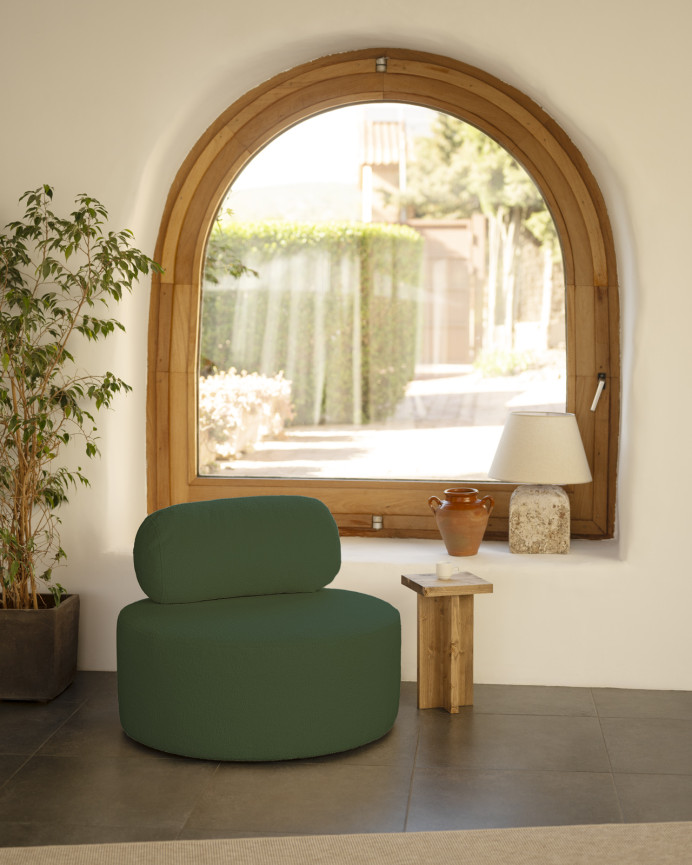 Sillón de buclé redonda color verde de 91x71cm