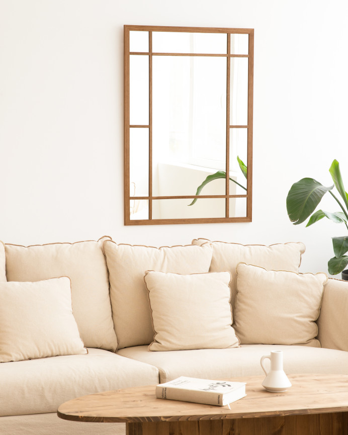 Espejo rectangular de pared tipo ventana elaborado con madera de acabado roble oscuro