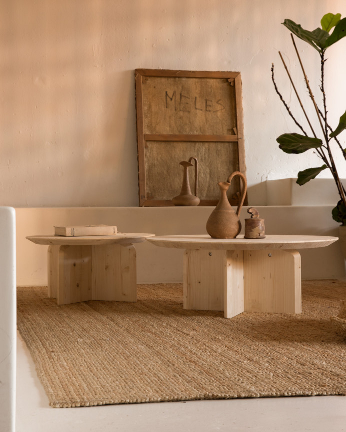 Mesa de centro redonda de madera maciza en tono natural de varias medidas