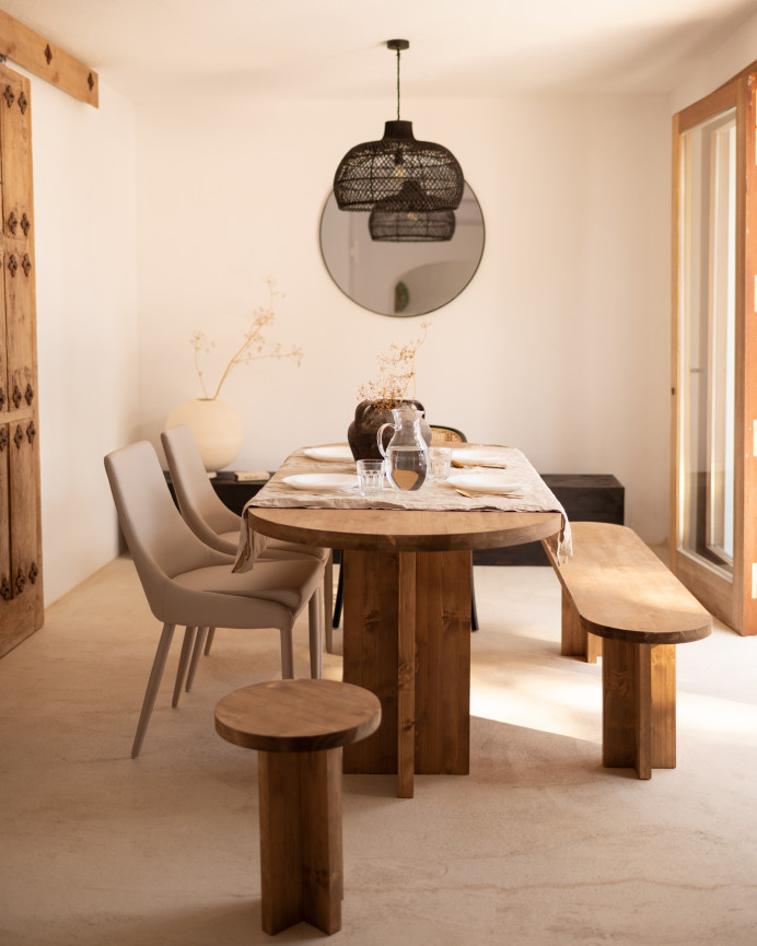 Pack mesa de comedor ovalada y banco de madera maciza en tono roble oscuro de varias medidas