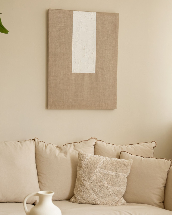 Cuadro beige y blanco decorativo sobre lino con bastidor de madera pintado artesanalmente con pintura al óleo en varias medidas