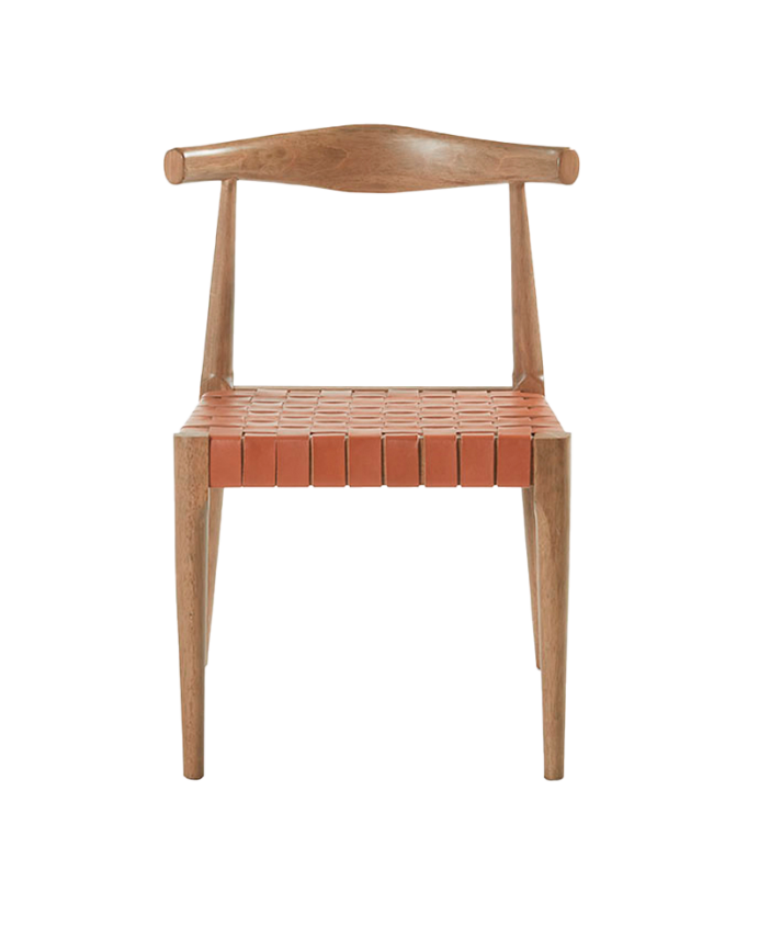 Silla de madera maciza con asiento trenzado marrón y patas en tono nogal de 81cm