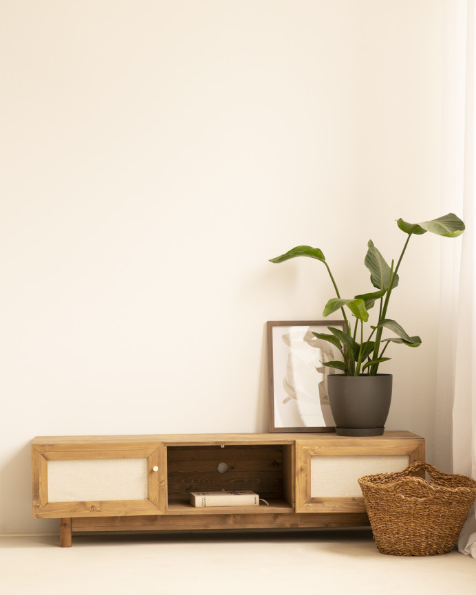Mueble de TV de madera maciza y tejido de lino de 2 puertas en tono roble oscuro de 150x40cm