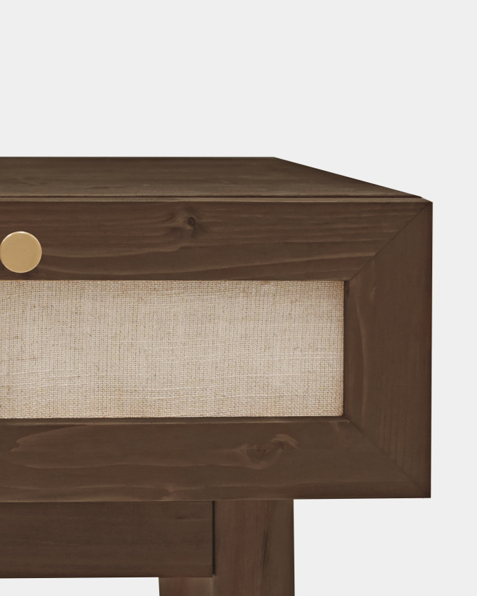 Pack 2 mesitas con cajón de madera maciza y lino tono nogal de 45x40cm