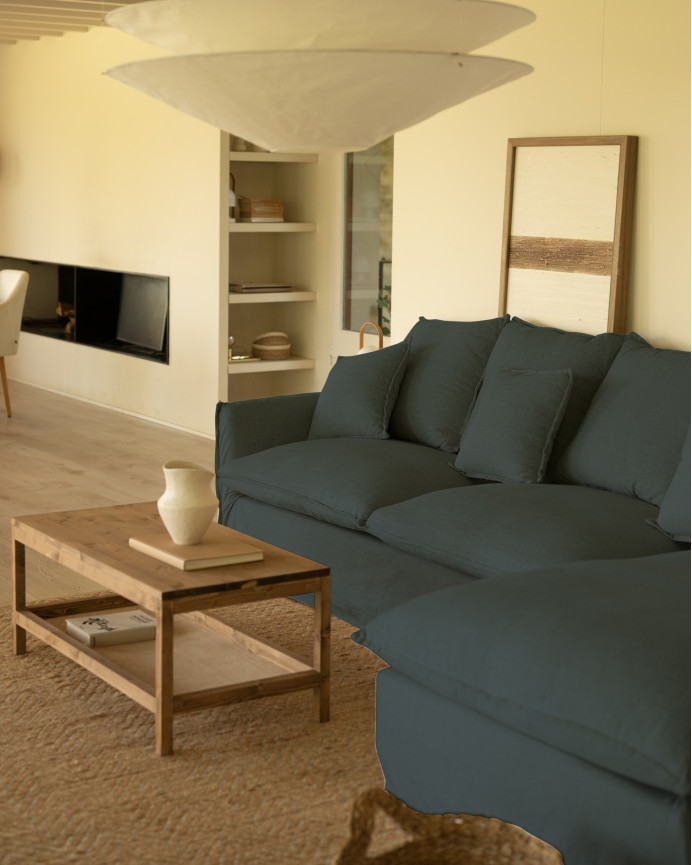 Funda para sofá con chaise longue derecho de algodón y lino color azul de varias medidas