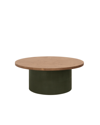Mesa de centro redonda de madera maciza tono roble oscuro y pata de microcemento tono verde de 80x33cm