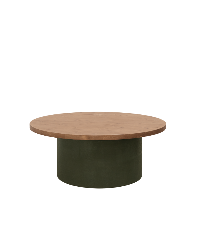 Mesa de centro redonda de madera maciza tono roble oscuro y pata de microcemento tono verde de 80x33cm