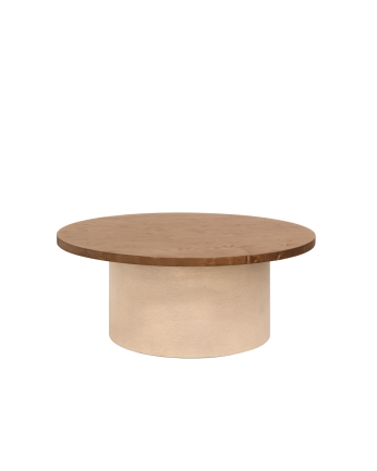 Mesa de centro redonda de madera maciza tono roble oscuro y pata de microcemento tono tierra de 80x33cm