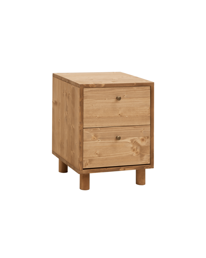 Mesita de noche de madera maciza con dos cajónes en tono roble medio de 51x38cm