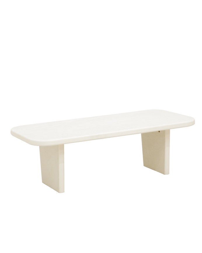 Mesa de centro de microcemento con dos patas tono blanco roto de 95cm