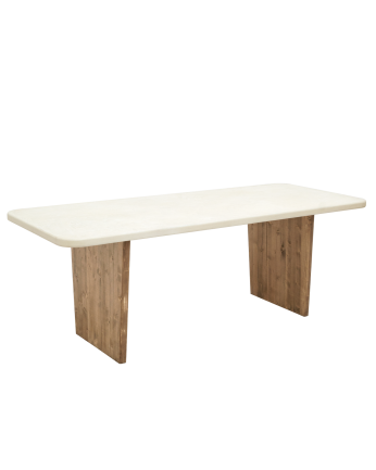 Mesa de comedor de microcemento tono blanco roto con patas de madera tono roble oscuro de varias medidas