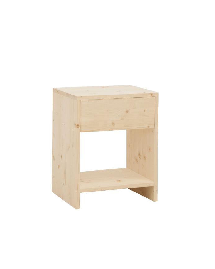 Mesita de noche de madera maciza con un cajón en tono natural de varias medidas