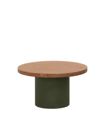 Mesa de centro redonda de madera maciza tono roble oscuro y pata de microcemento tono verde de varias medidas