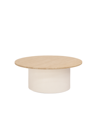 Mesa de centro redonda de mármol travertino y patas de microcemento tono beige de 80x32cm