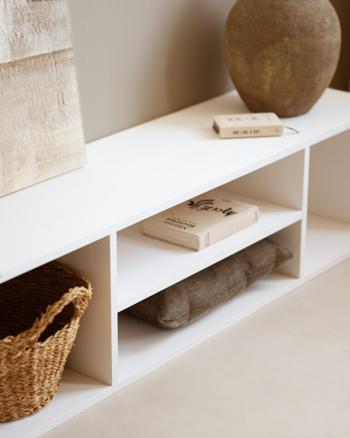 Mueble de TV de madera maciza en tono blanco de 160x40cm