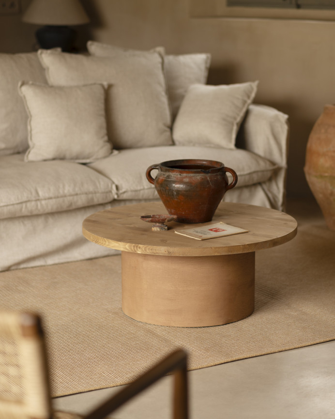 Mesa de centro redonda de madera maciza tono roble medio y pata de microcemento tono terracota de 80x33cm