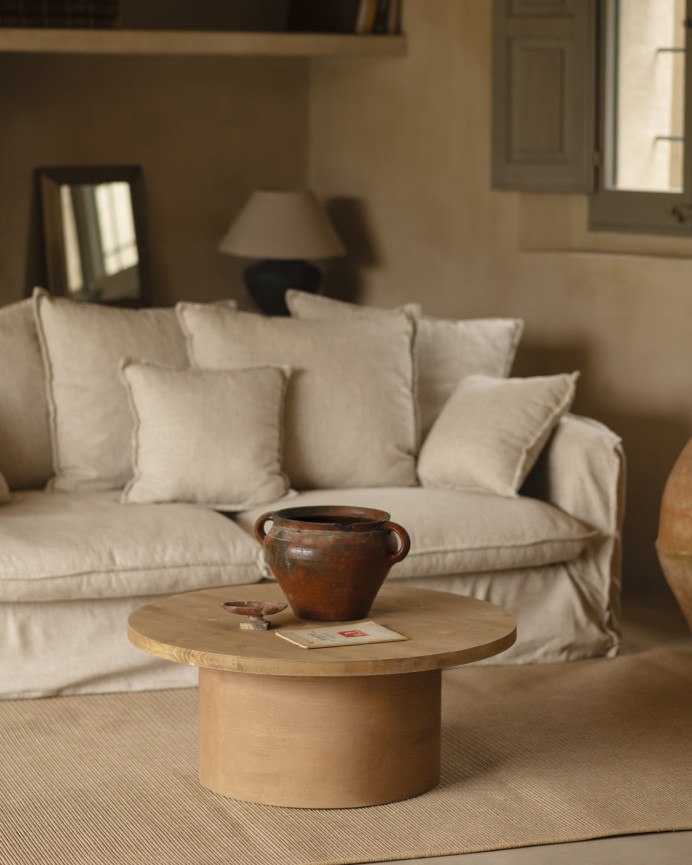 Mesa de centro redonda de madera maciza tono roble medio y pata de microcemento tono terracota de 80x33cm