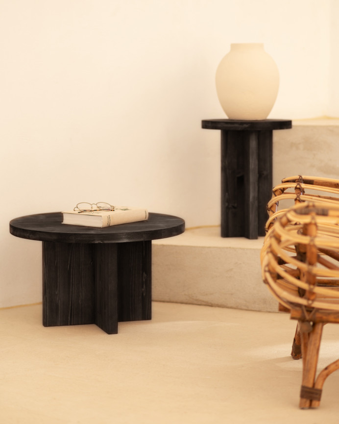 Mesa de centro redonda de madera maciza acabado negro de varias medidas
