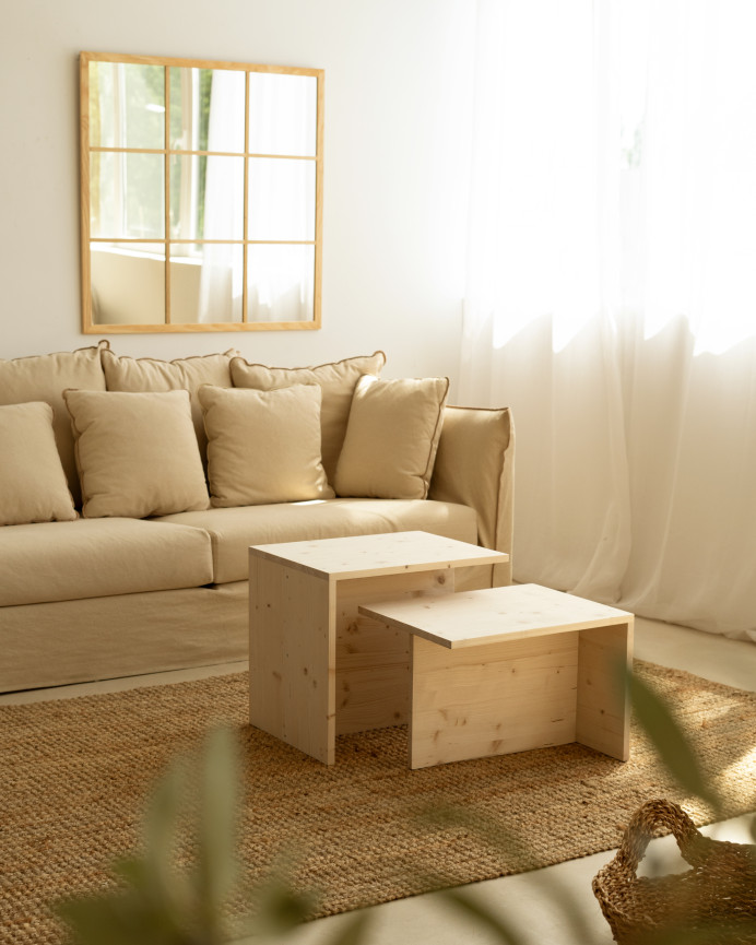 Mesa de centro 2 piezas de madera maciza en tono natural de 100x44,6cm