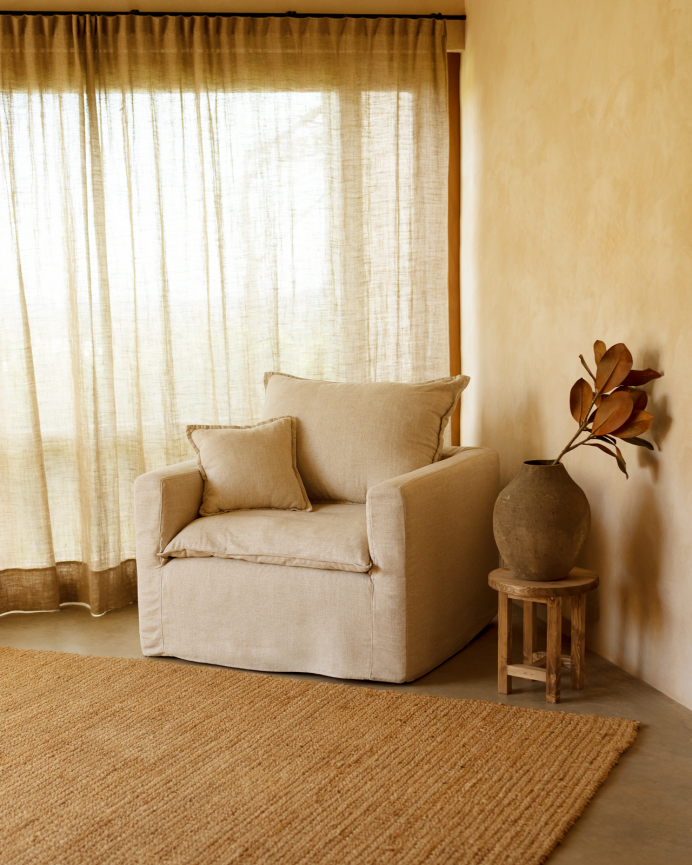 Funda de butaca de algodón y lino desenfundable tono beige de 109x96cm
